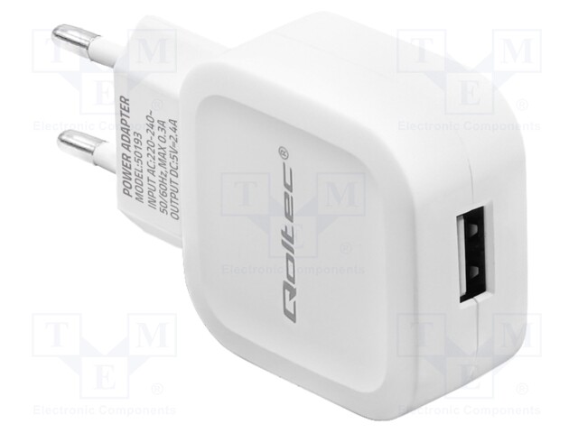 Power supply: switched-mode; plug,charger; 5VDC; 2.4A; 12W; white