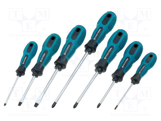 Screwdrivers; Pcs: 7; Phillips cross,slot; Package: bag