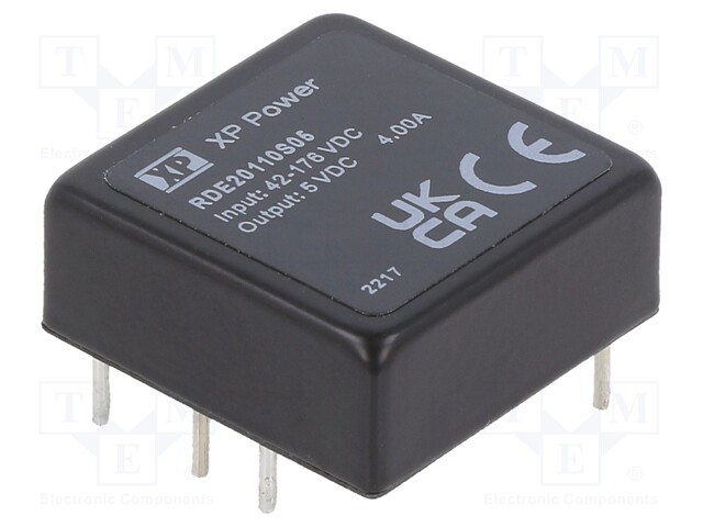 Isolated Board Mount DC/DC Converter, Railway, 1 Output, 20 W, 5 V, 4 A