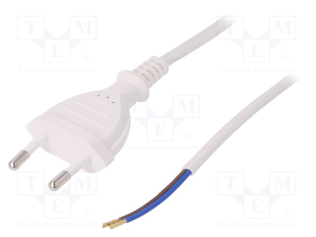 Cable; CEE 7/16 (C) plug,wires; 2m; white; PVC; 2x0,5mm2; 2.5A