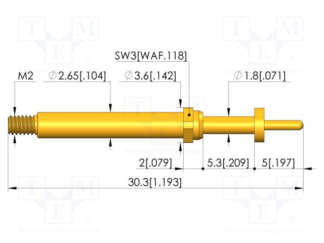 Test needle; Spring compression: 4mm; 5mm; 8A; CuBe; gold-plated