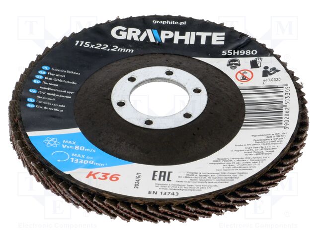 Flap grinding wheels; Ø: 115mm; Øhole: 22.2mm; Granularity: 36