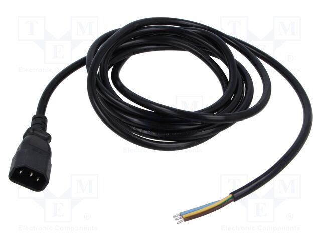 Cable; 3G1mm2; IEC C14 male,wires; PVC; 1.8m; black; 10A; 250V