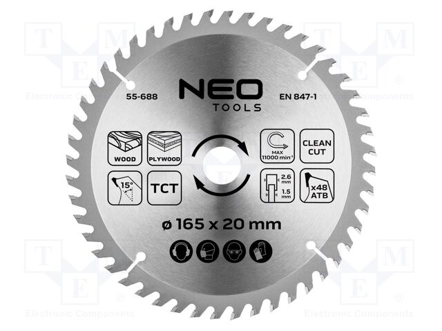 Cutting wheel; Ø: 165mm; Teeth: 48; Holder: assembly hole; 20mm