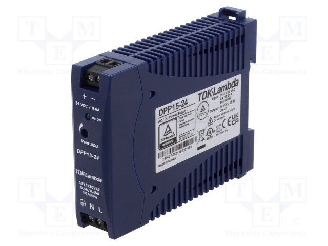 AC/DC DIN Rail Power Supply (PSU), ITE, 1 Output, 15 W, 24 VDC, 630 mA