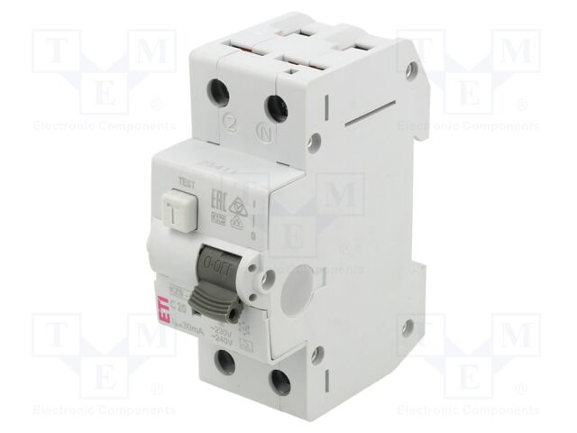 RCBO breaker; Inom: 20A; Ires: 30mA; Poles: 2; 230/400VAC; DIN; IP20