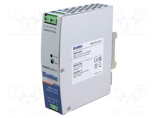 Power supply: switched-mode; for DIN rail; 75.6W; 12VDC; 6.3A