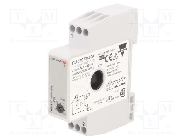 Current Monitoring Relay, DIA53 Series, SPST-NO, 100 mA, DIN Rail, Screw