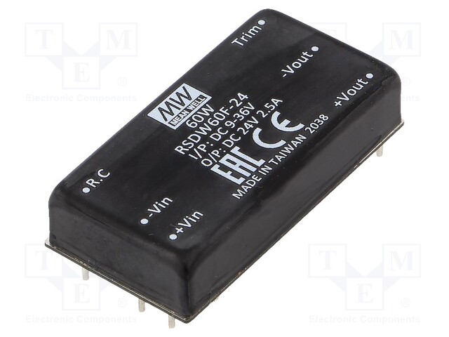 Converter: DC/DC; 60W; Uin: 9÷36V; Uout: 24VDC; Iout: 2.5A; 2"x1"