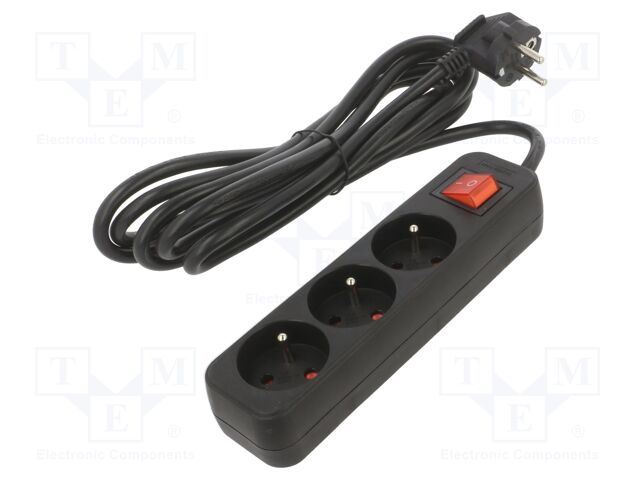 Extension lead; 3x1mm2; Sockets: 3; rubber; black; 3m; 10A