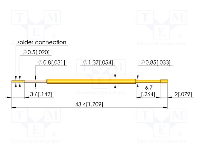 Test needle; Spring compression: 5mm; 6.3mm; 3A; CuBe; gold-plated