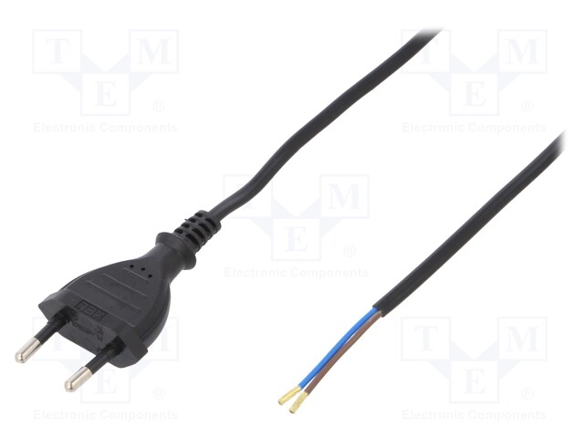 Cable; CEE 7/16 (C) plug,wires; 5m; black; PVC; 2x0,5mm2; 2.5A