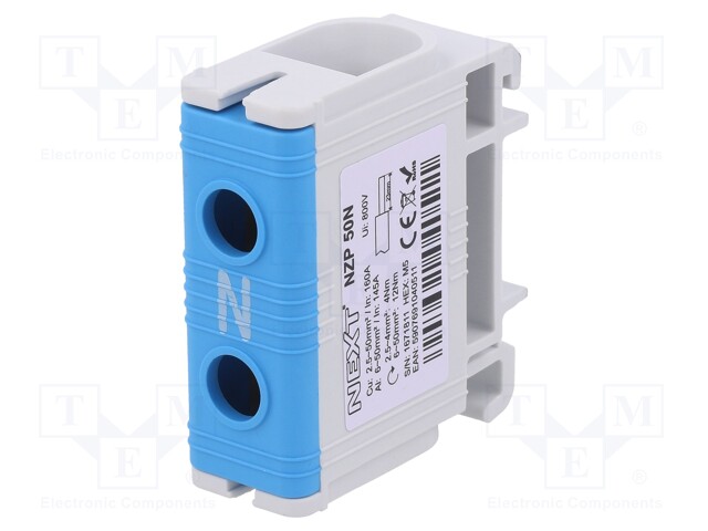 Splice terminal: rail; 50mm2; ways: 1; terminals: 2; blue; polyamide