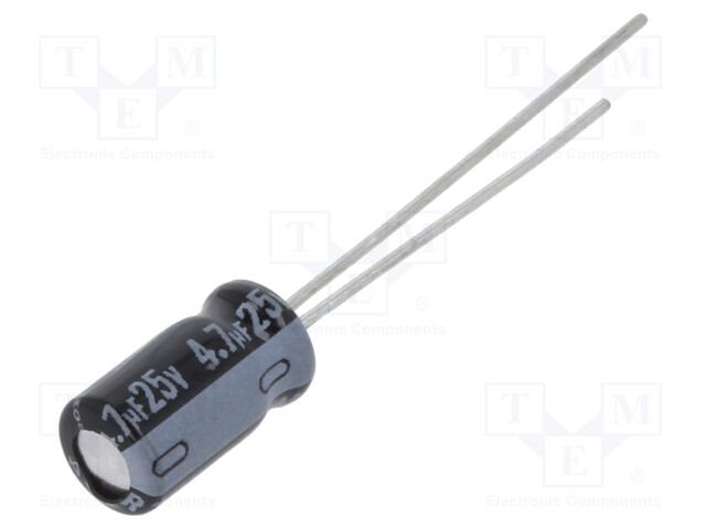 Capacitor: electrolytic; THT; 4.7uF; 25VDC; Ø5x9mm; Pitch: 2mm; ±20%