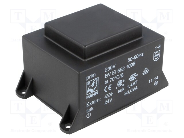 Transformer: encapsulated; 33VA; 230VAC; 24V; 1375mA; Mounting: PCB