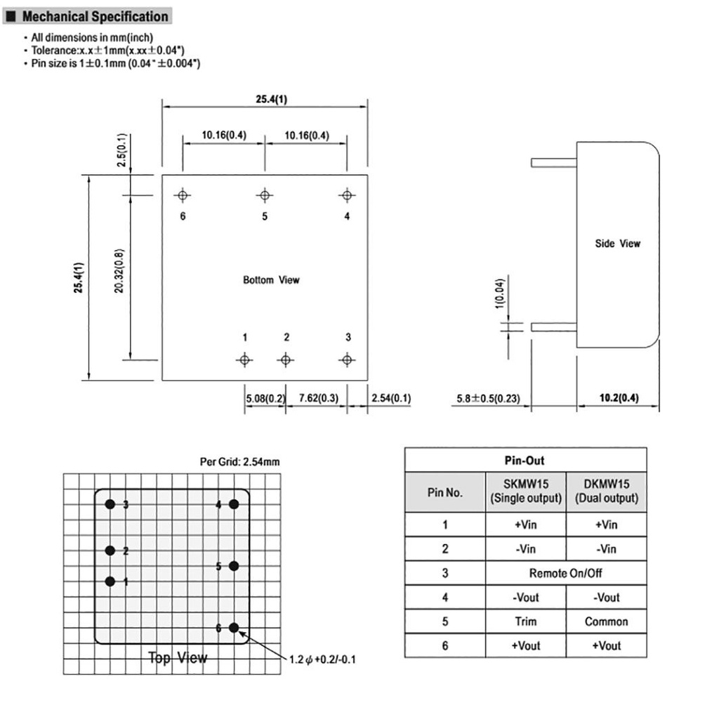 Converter: DC/DC; 15W; Uin: 9÷36V; Uout: 15VDC; Iout: 0÷3000mA; 1"x1"