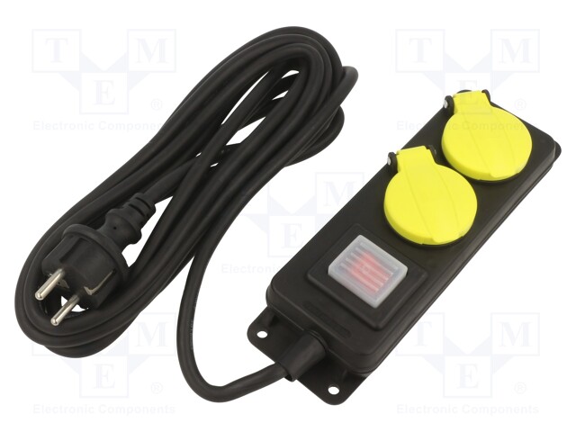 Extension lead; Sockets: 2; rubber; black; 5m; 16A