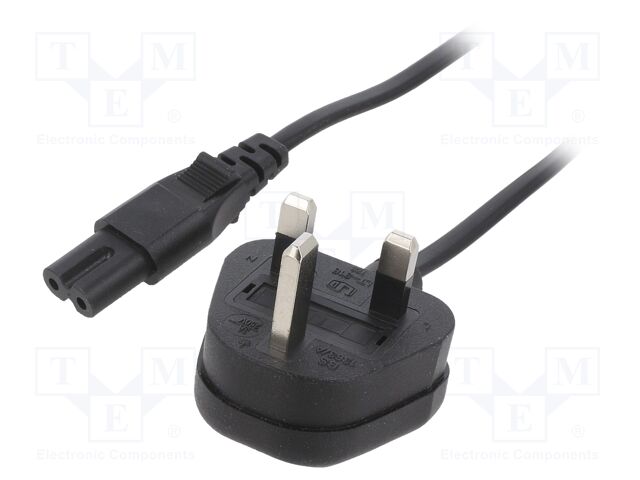 Cable; 2x0.75mm2; BS 1363 (G) plug,IEC C7 female; PVC; 5m; black