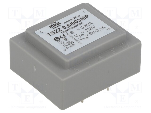 Transformer: encapsulated; 0.6VA; 230VAC; 6V; 0.1A; Mounting: PCB