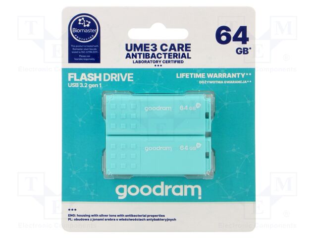 Pendrive; USB 3.2; 64GB; R: 60MB/s; W: 20MB/s; mint; USB A; 2pcs.