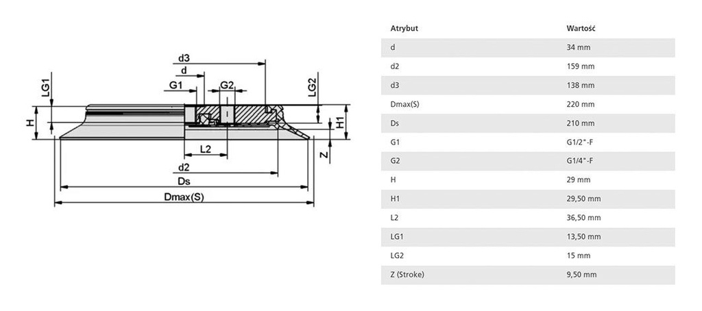 Suction cup; 210mm; G 1/2 F; Shore hardness: 55; 321cm3; SPU