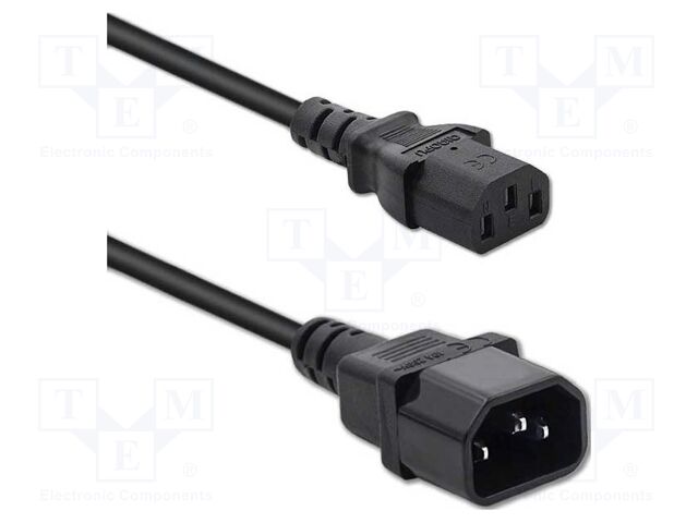 Cable; 3x0.75mm2; IEC C13 female,IEC C14 male; PVC; 1m; black; 10A