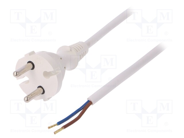 Cable; CEE 7/17 (C) plug,wires; 5m; white; PVC; 2x1mm2; 16A; 250V