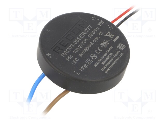 Converter: AC/DC; 3W; Uout: 5VDC; Iout: 600mA; 70%; Mounting: PCB