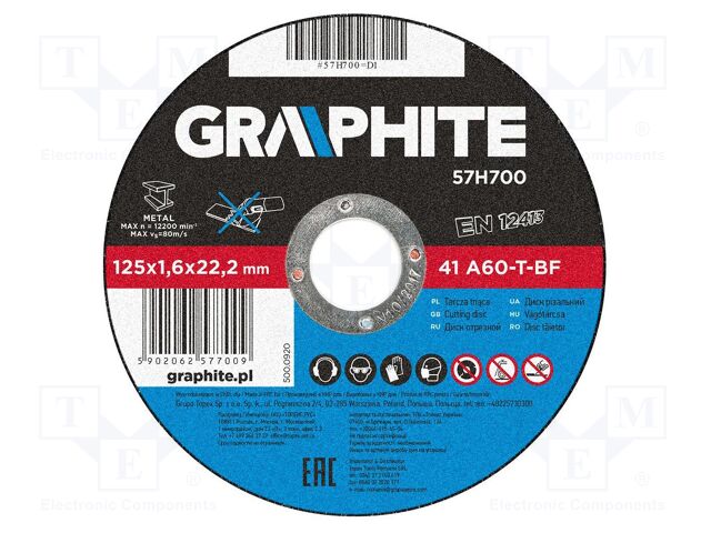 Cutting wheel; Ø: 125mm; Øhole: 22.2mm; Disc thick: 1.6mm