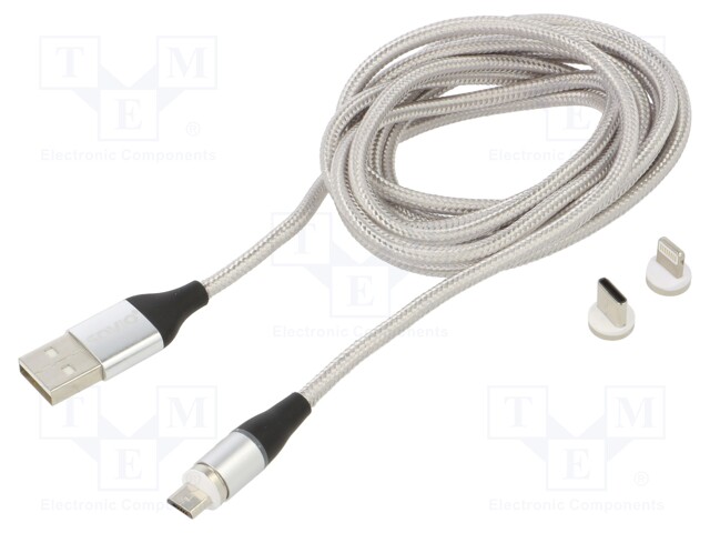 Cable; magnetic,USB 2.0; 2m; grey; 480Mbps; textile; 3A