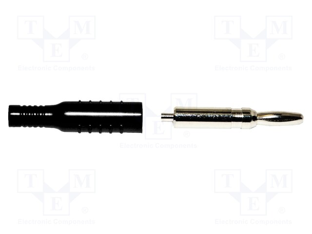 Plug; 4mm banana; 15A; black; nickel plated; soldered,crimped
