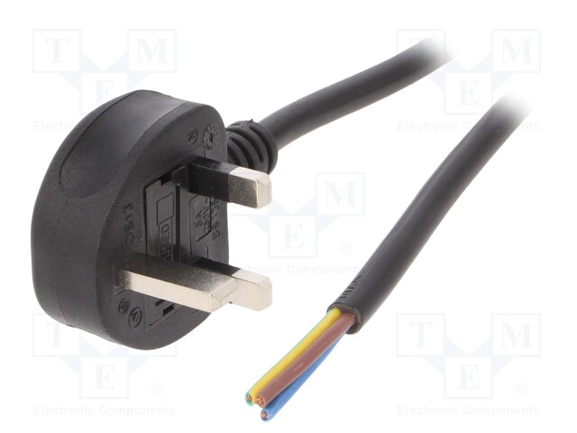 Cable; BS 1363 (G) plug,wires; 1.5m; black; PVC; 3G1,5mm2; 13A