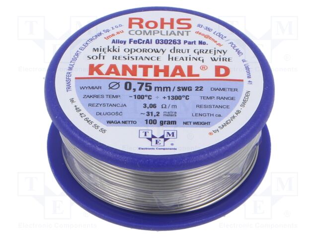 Resistance wire; 3.06Ω/m; -100÷1300°C; 0.1kg; Øout: 0.75mm; FeCrAl
