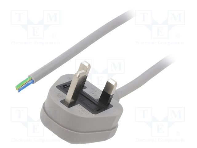 Cable; BS 1363 (G) plug,wires; PVC; 5m; grey; 3x1mm2; 13A; 250V
