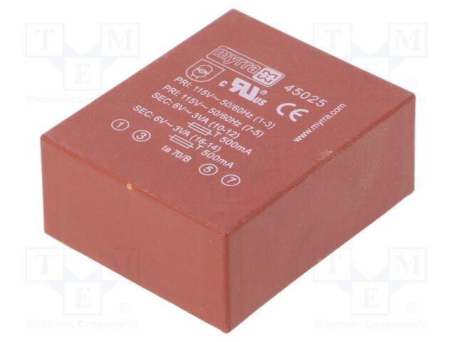 Transformer: encapsulated; 6VA; 115/230VAC; 6V; 6V; 500mA; 500mA