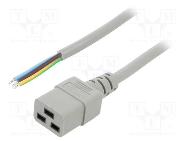 Cable; 3x1.5mm2; IEC C19 female,wires; PVC; Len: 2m; grey