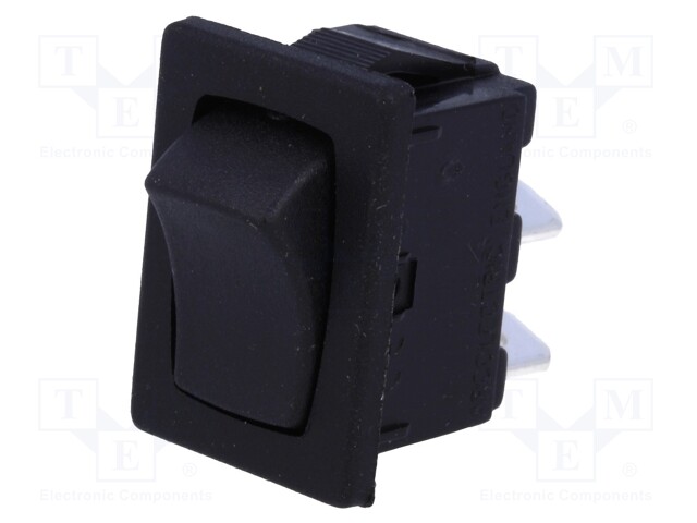ROCKER; SPST; Pos: 2; OFF-(ON); 10A/250VAC; 10A/28VDC; black; none