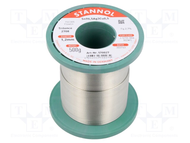 Soldering wire; Sn96,5Ag3,0Cu0,5; 1.2mm; 500g; lead free; 2.7%