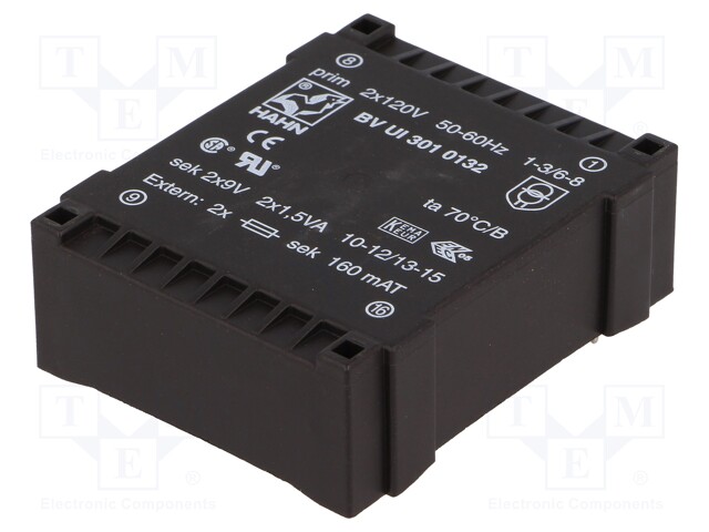 Transformer: encapsulated; 3VA; 120/120VAC; 9V; 9V; 167mA; 167mA