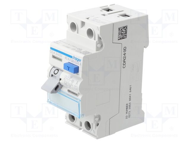 RCD breaker; Inom: 40A; Ires: 30mA; Max surge current: 250A; 240VAC