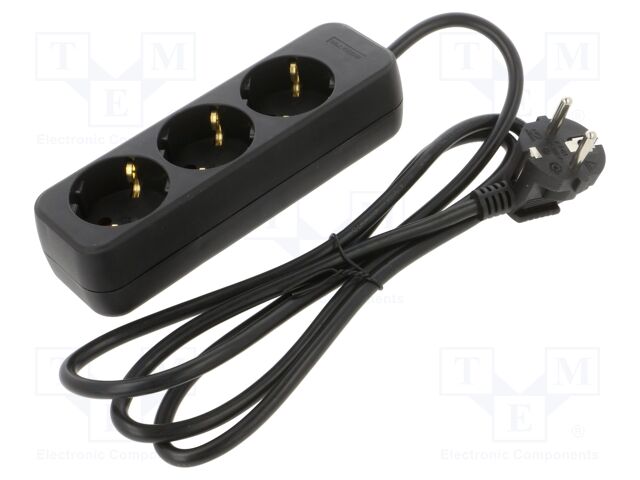 Extension lead; 3x1mm2; Schuko; Sockets: 3; rubber; black; 1.5m; 10A
