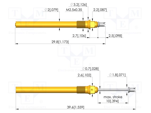 Test needle; Spring compression: 6mm; 10mm; 2A; steel; Ø: 1.3mm