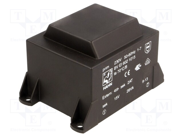Transformer: encapsulated; 28VA; 230VAC; 15V; 1867mA; Mounting: PCB
