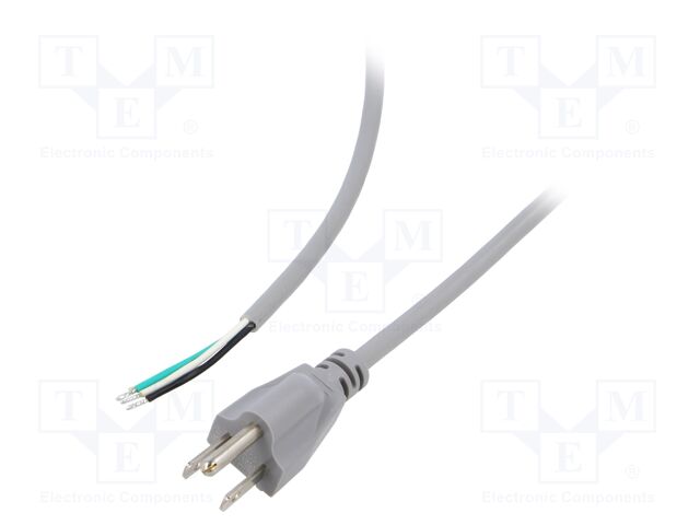 Cable; 3x18AWG; NEMA 5-15 (B) plug,wires; PVC; 2m; grey; 10A; 125V