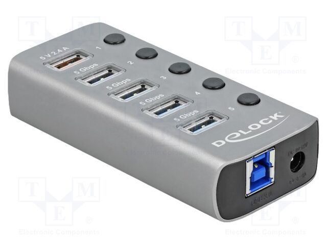 Hub USB; DC socket,USB A socket x5,USB B socket; grey; 5Gbps