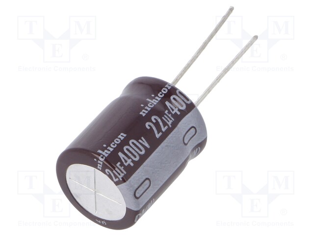 Capacitor: electrolytic; THT; 22uF; 400VDC; Ø12.5x20mm; Pitch: 5mm
