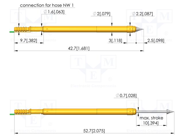 Test needle; Spring compression: 6mm; 10mm; 1A; steel; Ø: 1.5mm