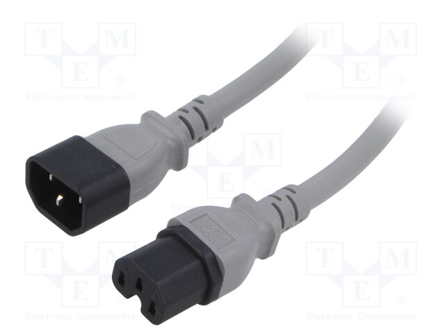 Cable; 3x14AWG; IEC C14 male,IEC C15 female; PVC; 1m; grey; 15A