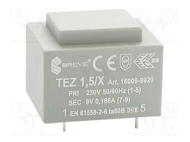 Transformer: encapsulated; 1.5VA; 230VAC; 9V; 167mA; Mounting: PCB
