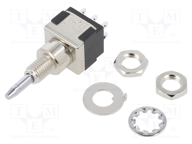 Switch: push-button; Pos: 2; DPDT; 6A/125VAC; 6A/6VDC; ON-(ON)